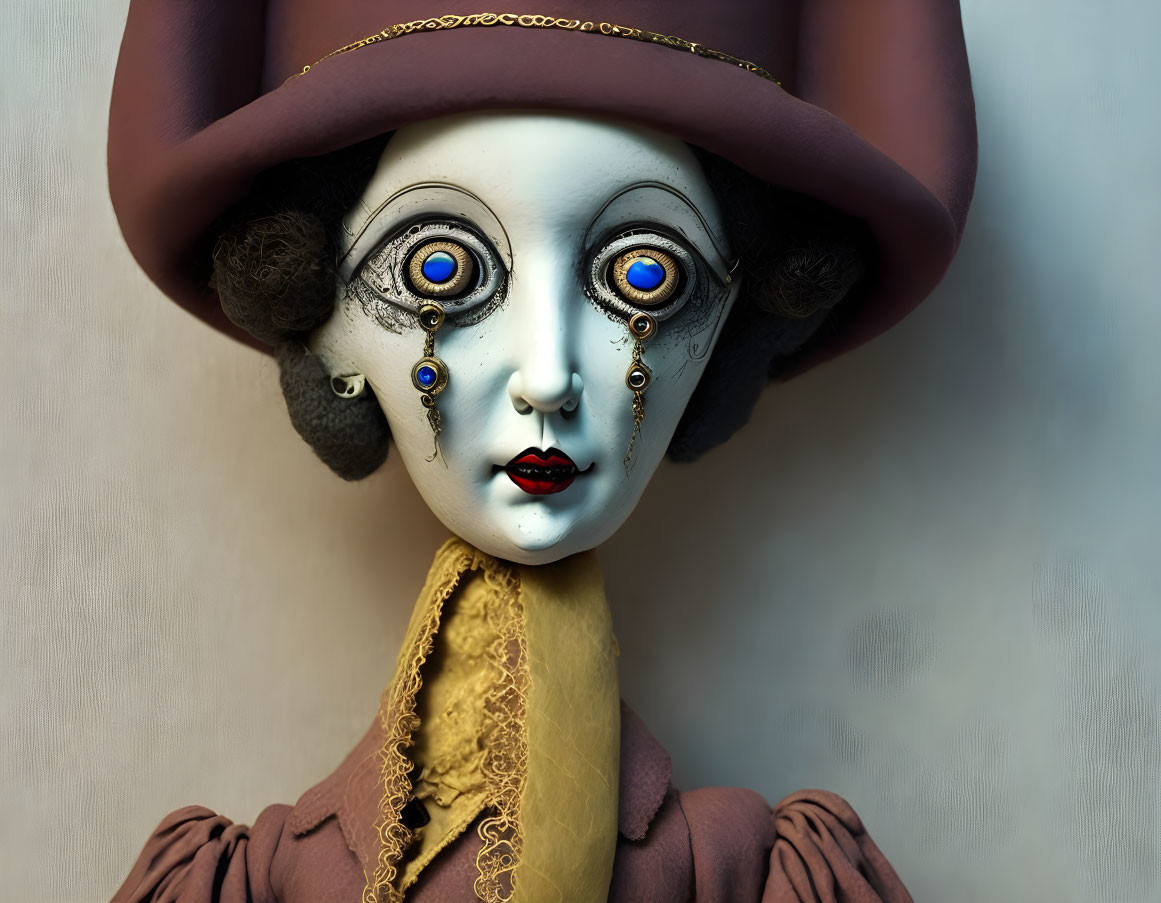 Surreal portrait of doll-like figure with oversized blue eyes and vintage attire