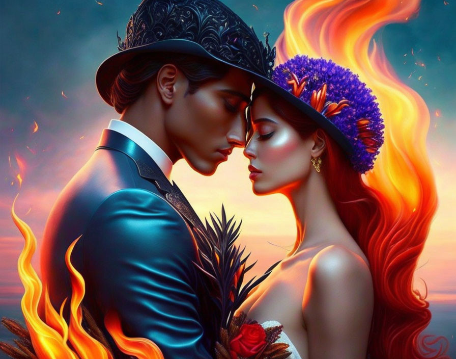 Digital artwork: Couple in romantic embrace with man in hat and suit, woman in floral headpiece,