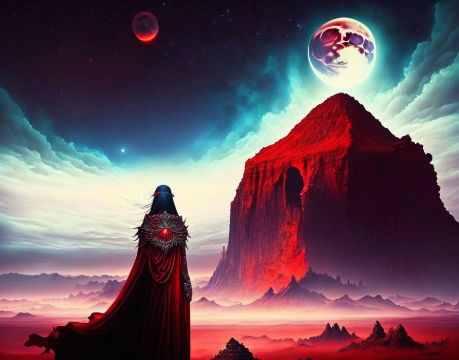 Mysterious figure in cloak gazes at surreal red mountain landscape