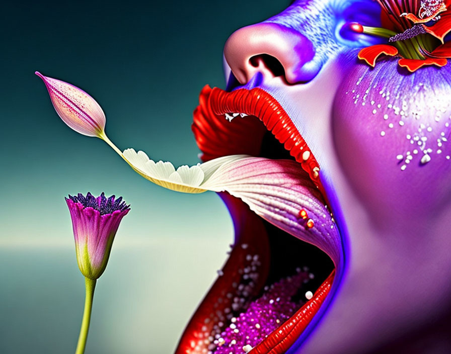 Vivid surreal digital art: flower and human features combined