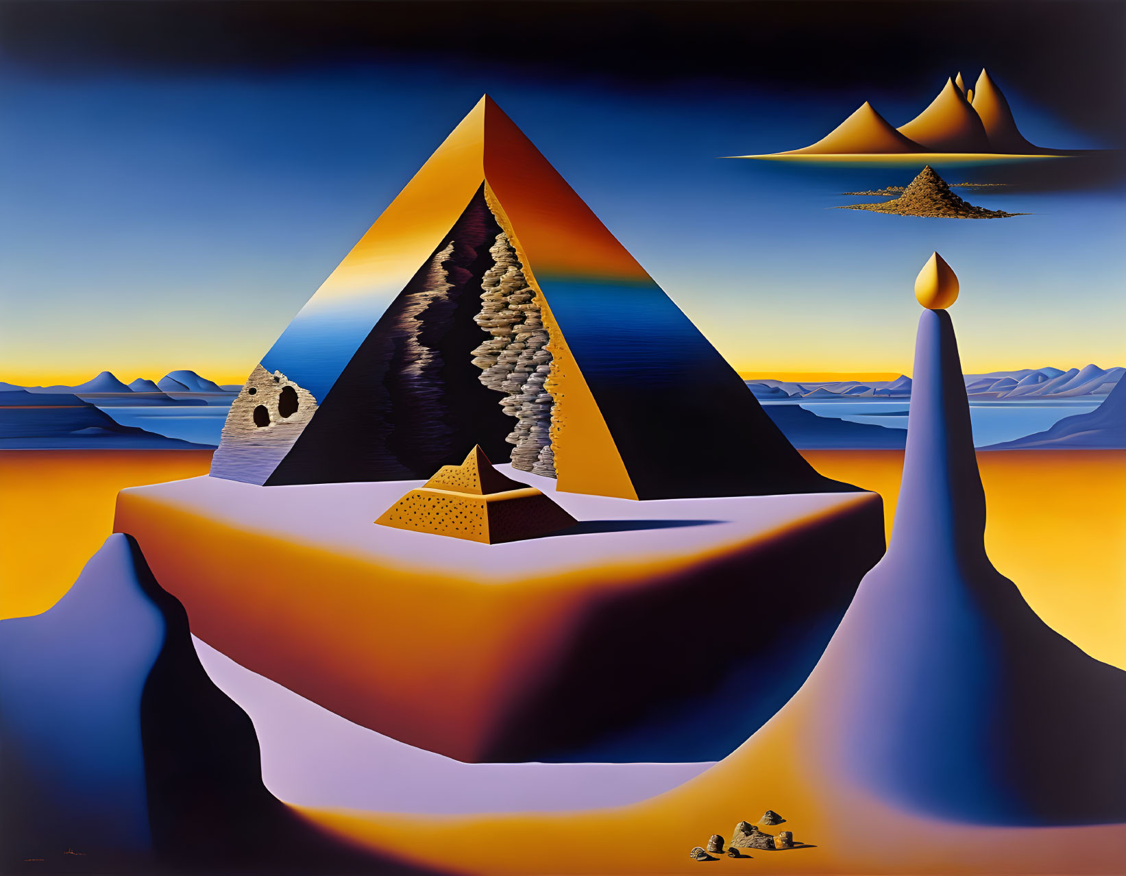 Surreal landscape with pyramidal shapes and icy mountains