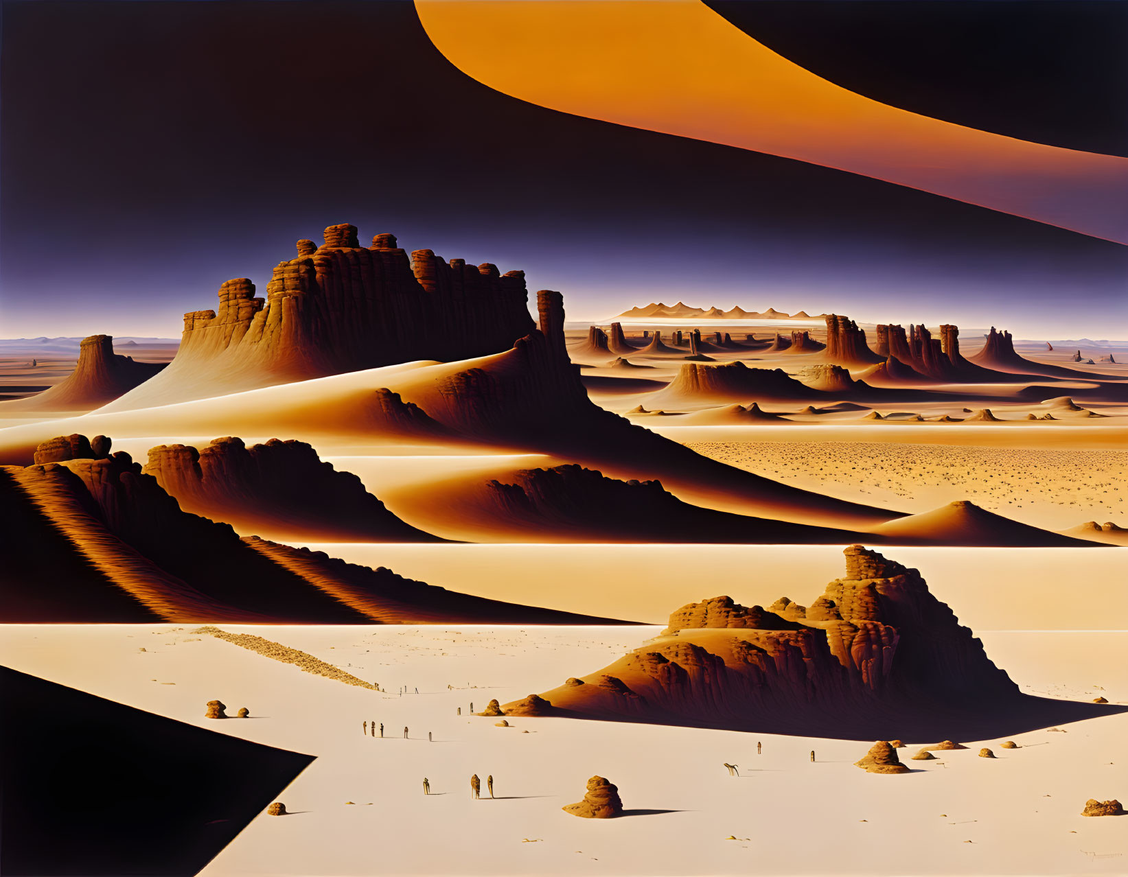 Surreal desert landscape with towering rock formations and undulating dunes