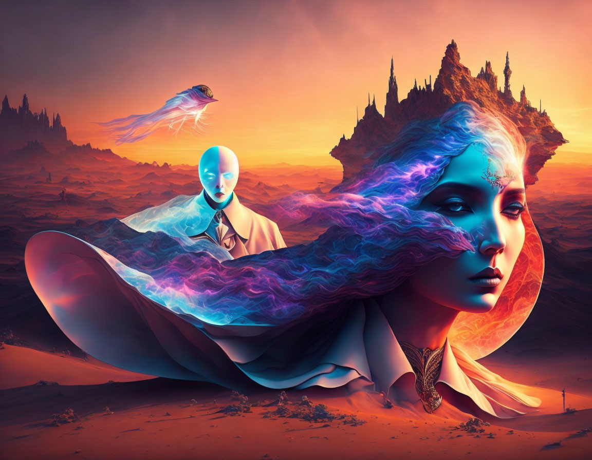 Surreal digital artwork: Bald figure in suit, landscape face, woman with cosmic hair, orange