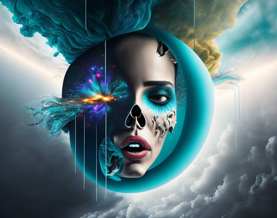 Surreal portrait of woman's face with cosmic elements and vibrant swirls