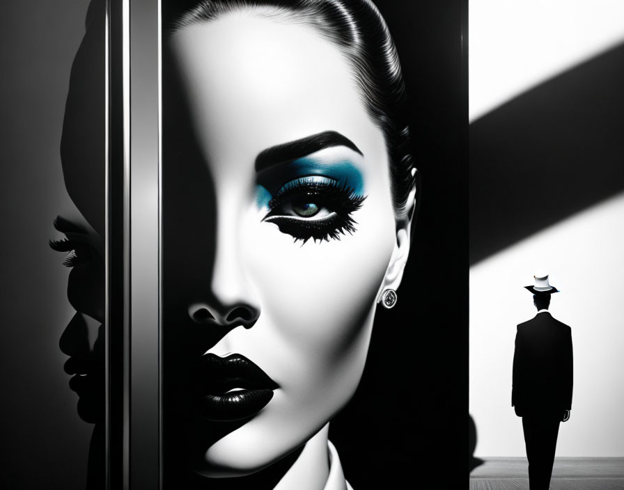 Monochrome artwork featuring woman's face with blue eyeshadow and man's silhouette with light and shadow