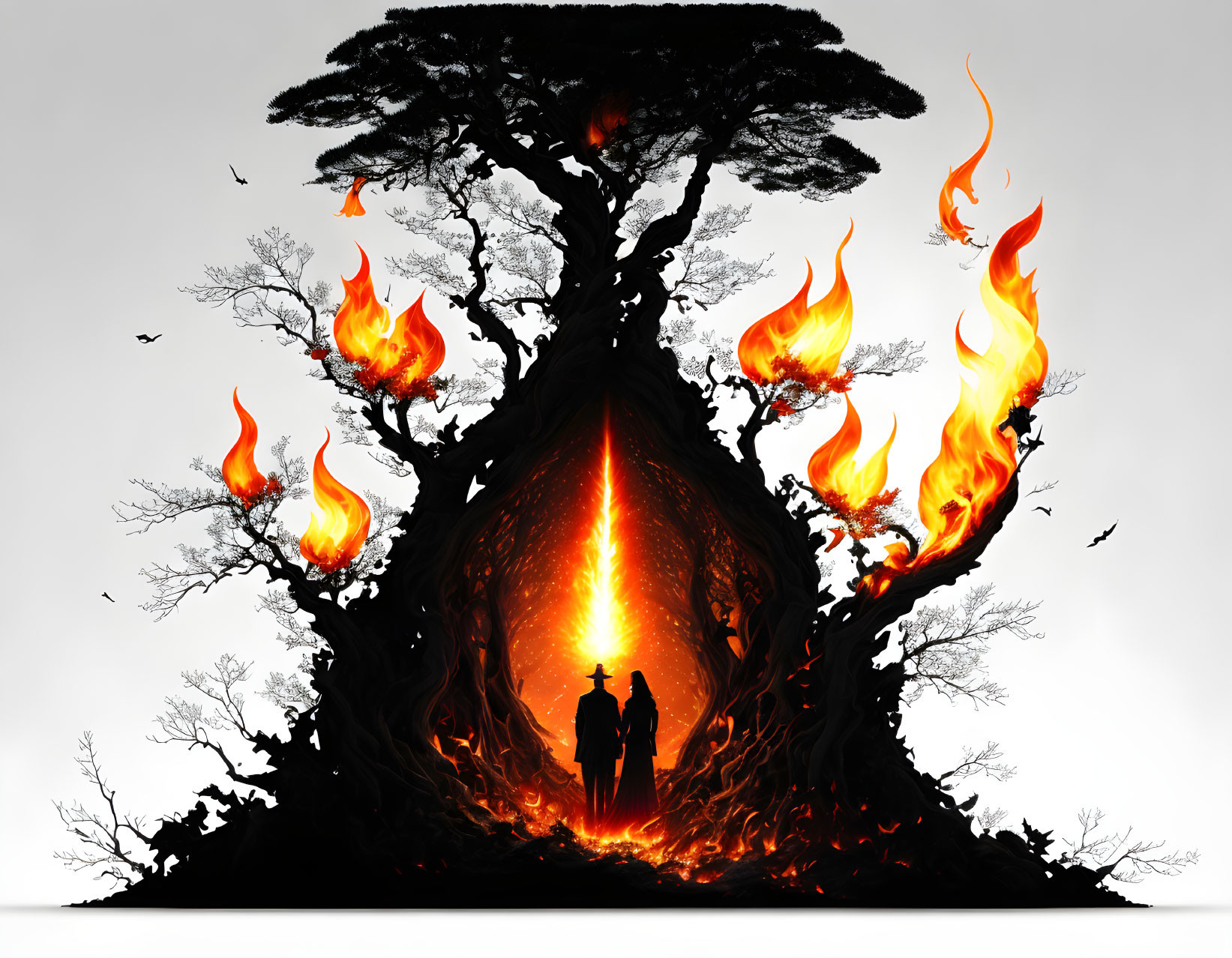 Silhouette of two people by fiery, fantastical tree