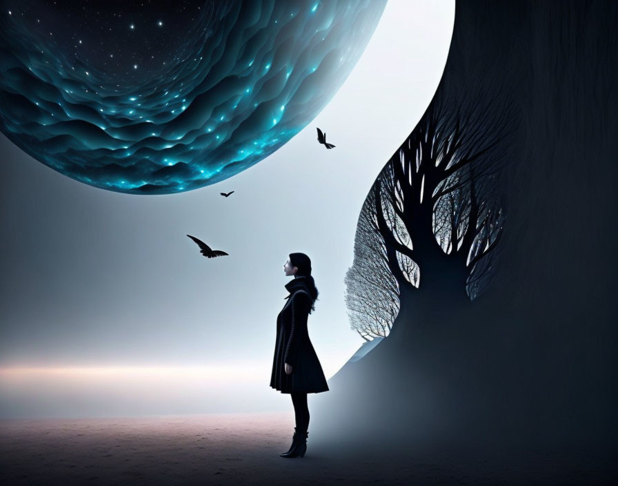 Person standing under swirling celestial body with tree and birds