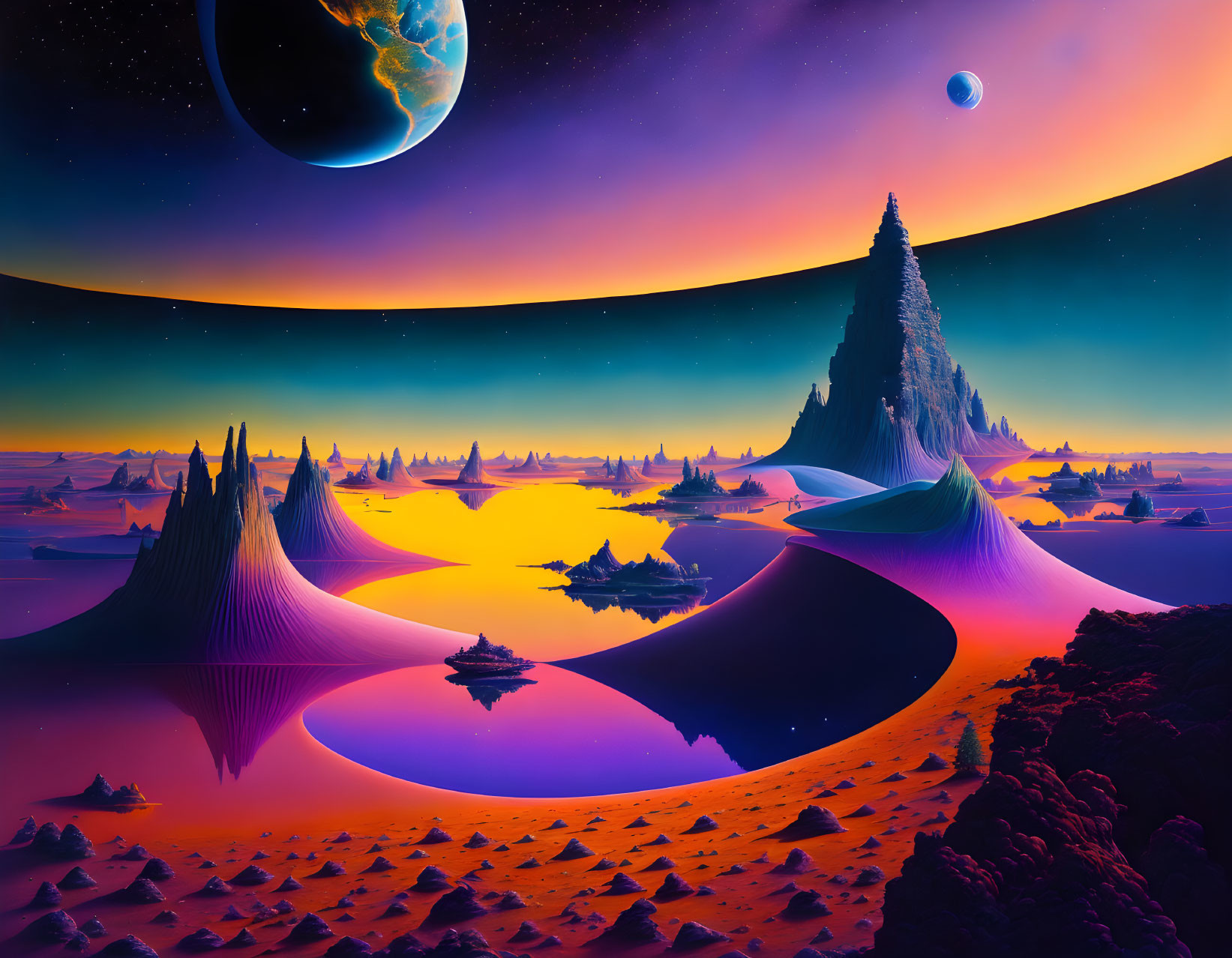 Colorful sci-fi landscape with alien spires, reflective liquid, and planets in starry sky