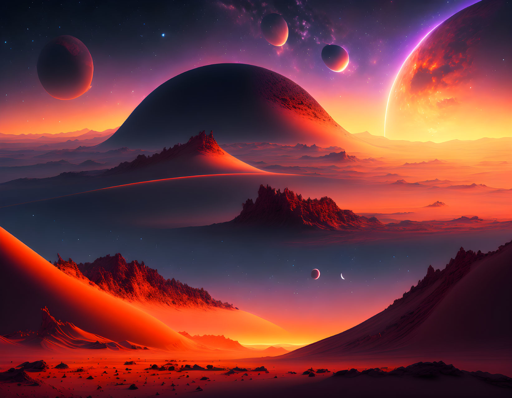 Vibrant sci-fi landscape with multiple planets and towering mountains