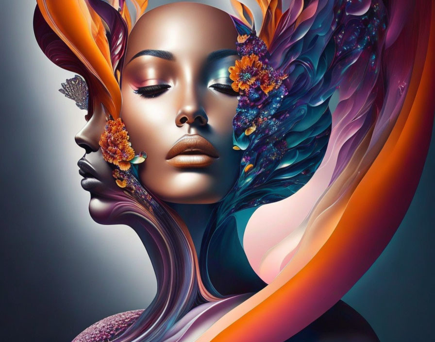 Colorful Digital Artwork of Woman with Flowing Shapes