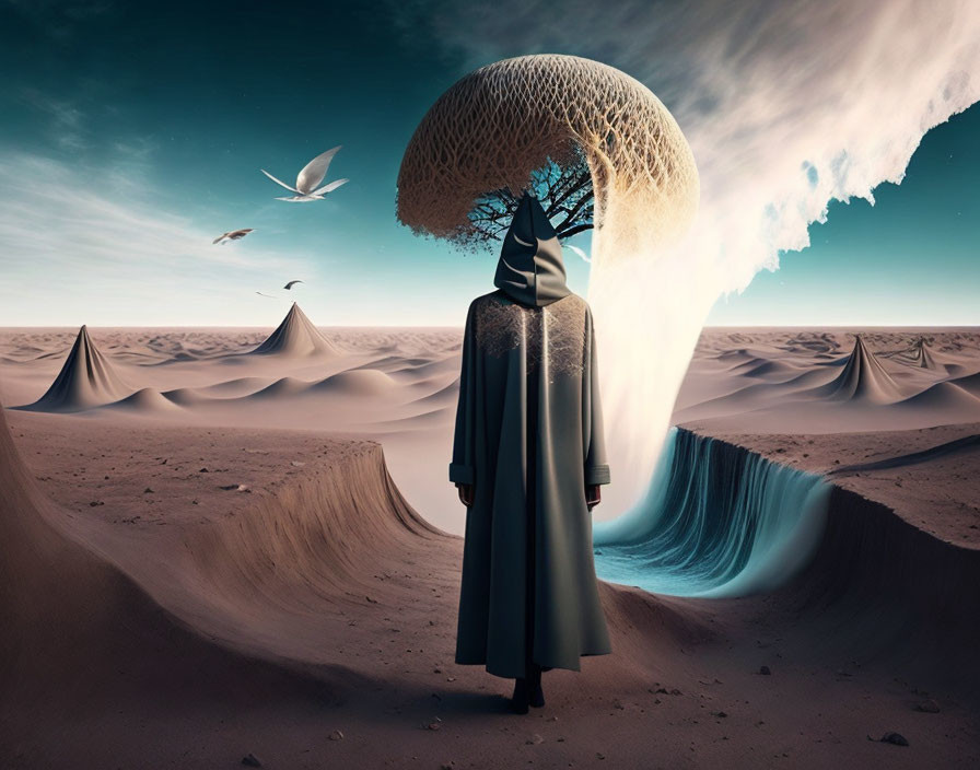 Cloaked figure in surreal desert with waterfall, vortex, and giant tree.