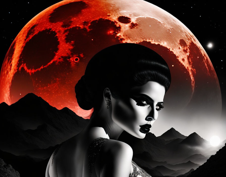 Stylized portrait of woman with dramatic makeup against fantasy red moon backdrop