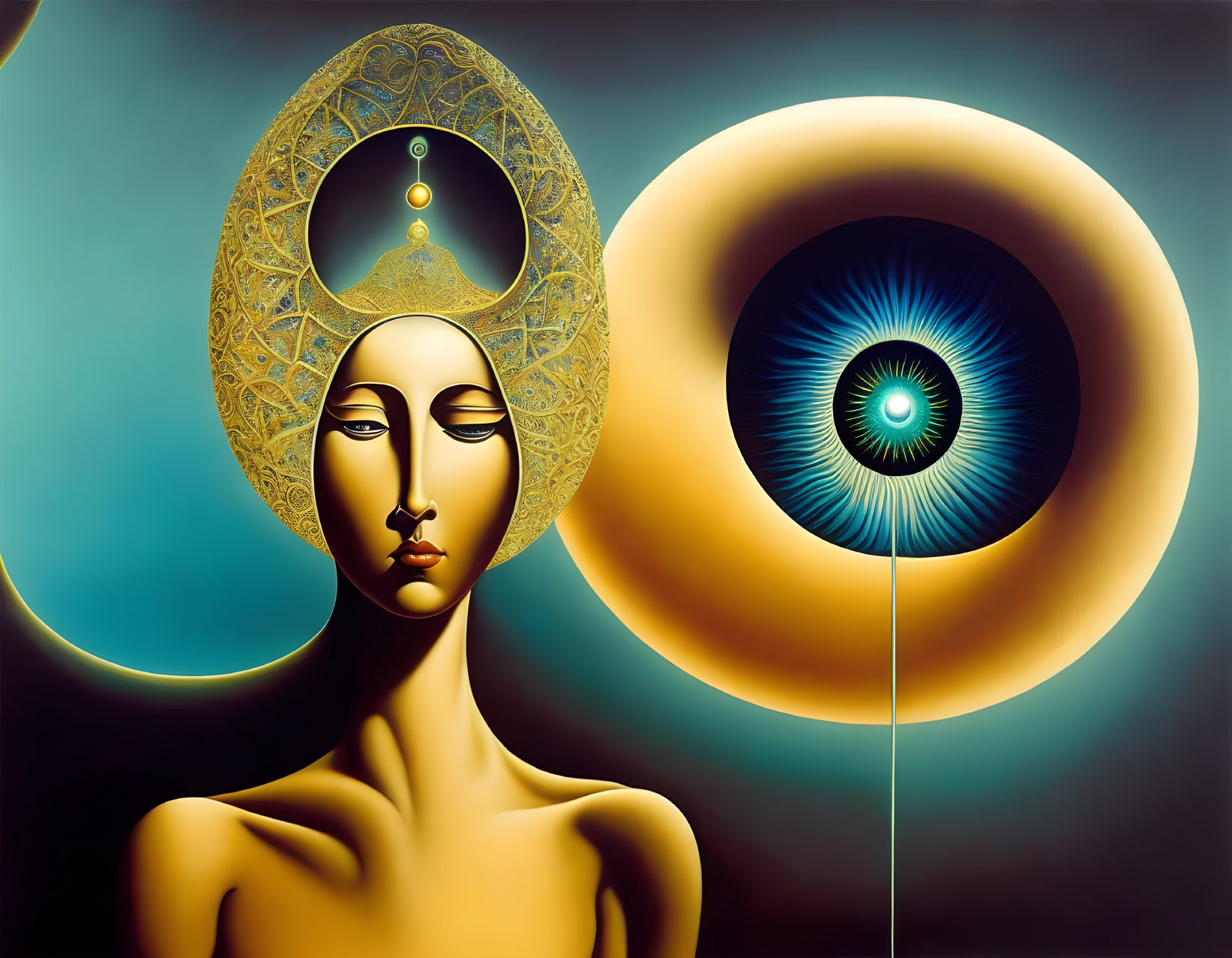 Surreal painting of serene figure with halo and giant eye on gradient background