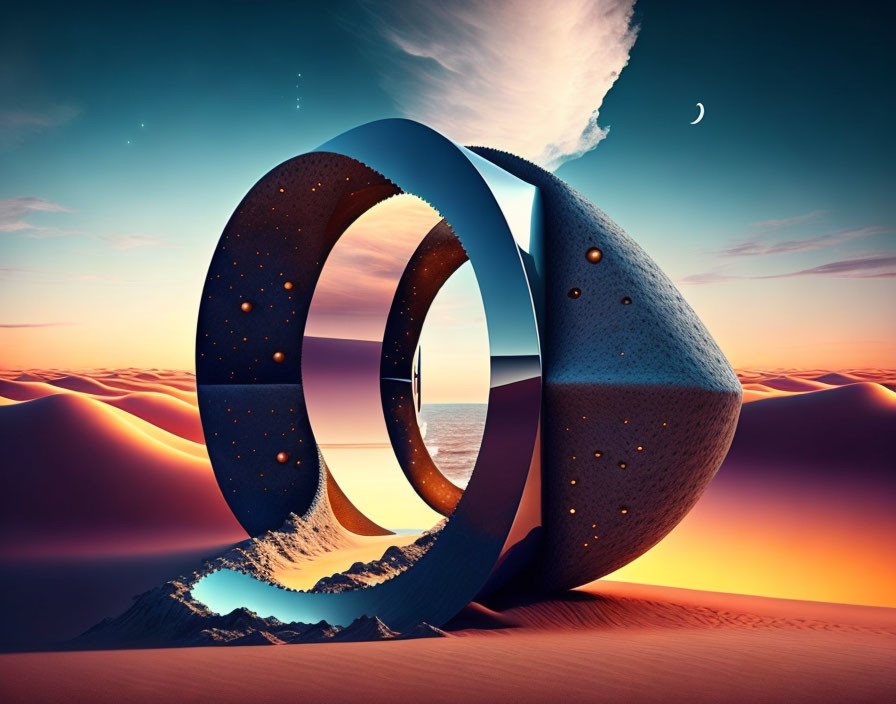 Surreal Möbius Strip Structure in Desert Twilight