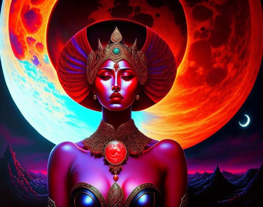 Colorful portrait of woman with headdress and gem necklace under red moon.