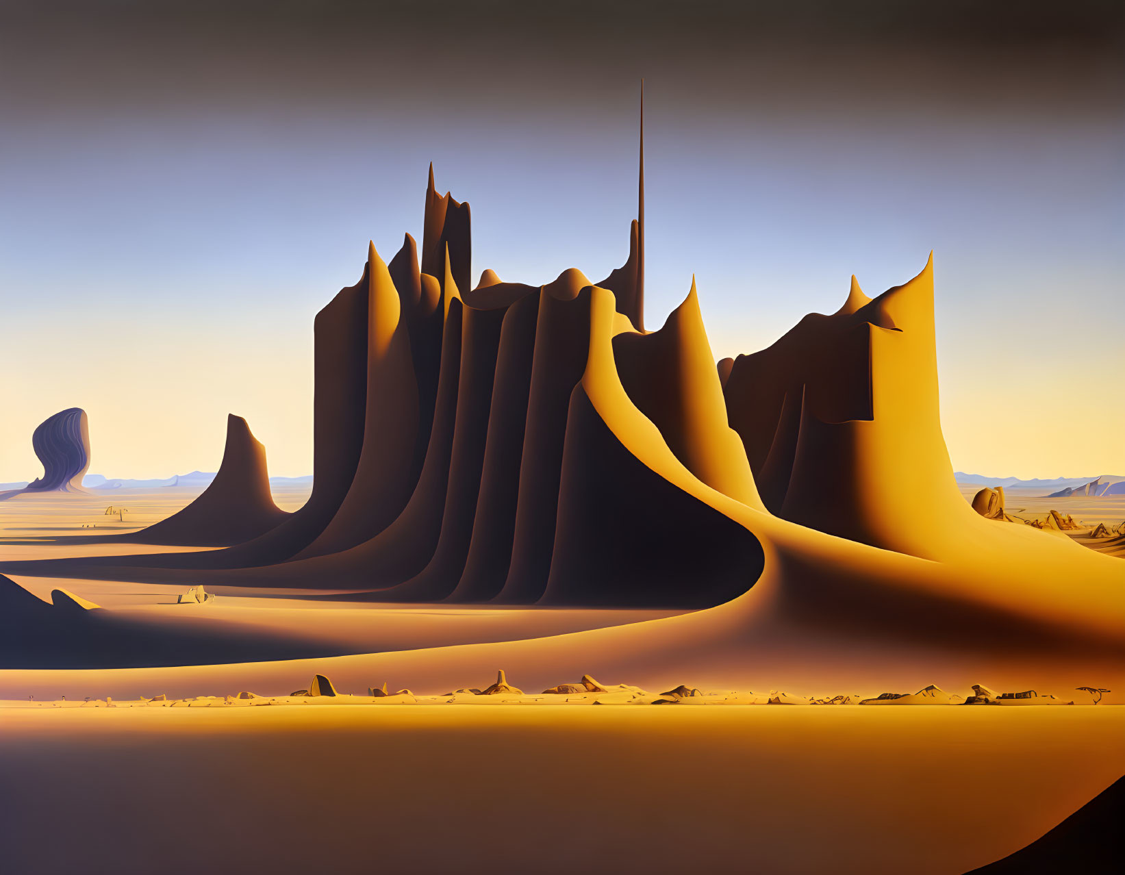 Surreal desert landscape with towering dunes and spire-like formations