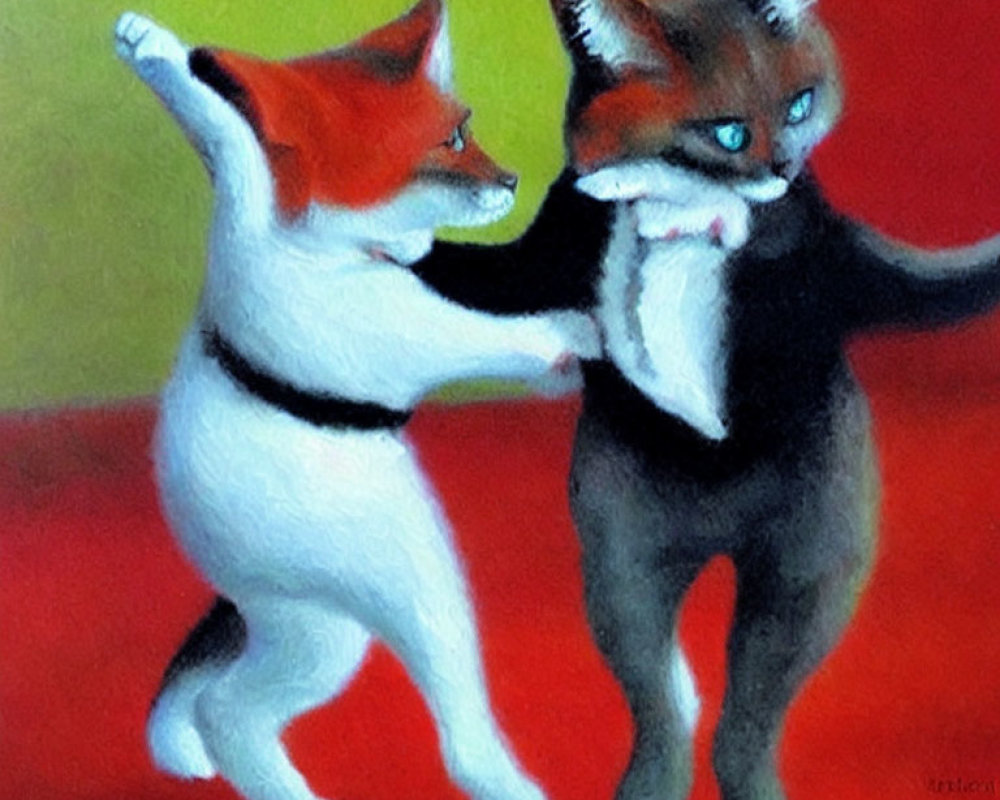 Anthropomorphic Cats Dancing in Painting on Red and Green Background