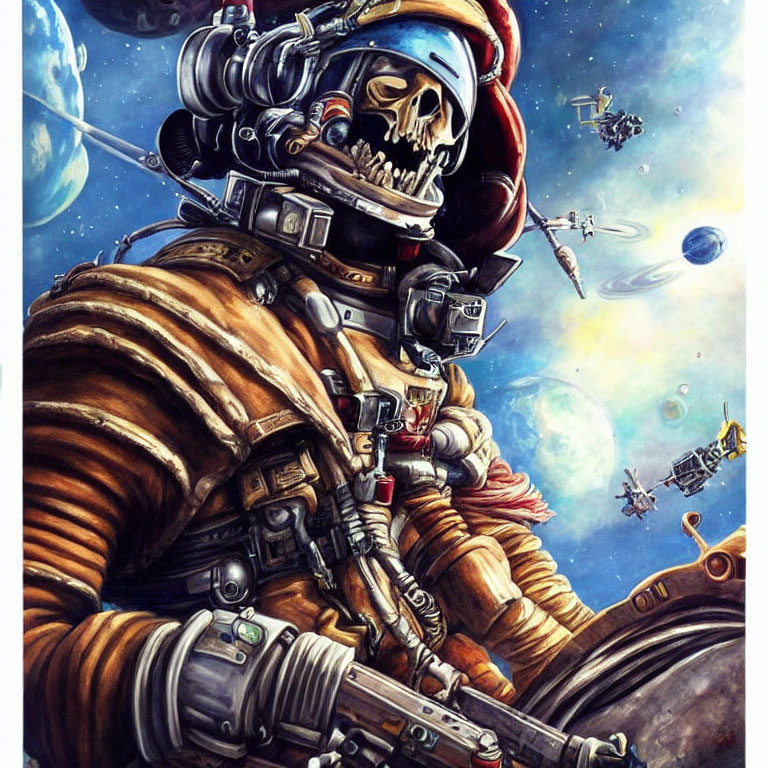 Skeletal astronaut in space suit with cosmic backdrop and planets.