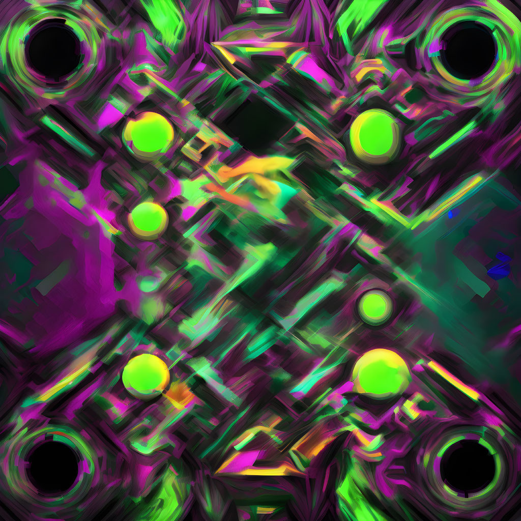 Vibrant abstract digital art with glowing green circles and streaks of purple, pink, and black