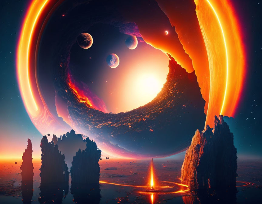 Colorful Sci-Fi Landscape with Ringed Planet, Moons, River, and Celestial Body