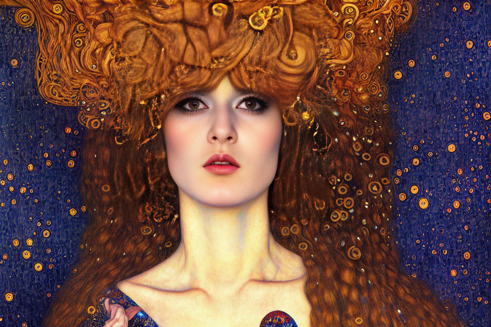 Elaborate Ginger Hair with Gold Adornments on Starry Blue Background