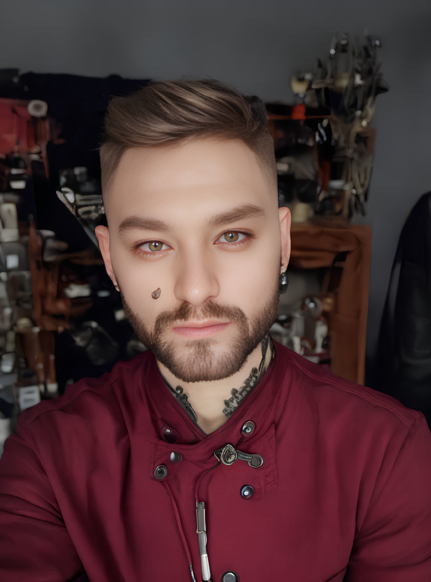 Stylish man with piercings in maroon shirt and necklace in front of blurred equipment.