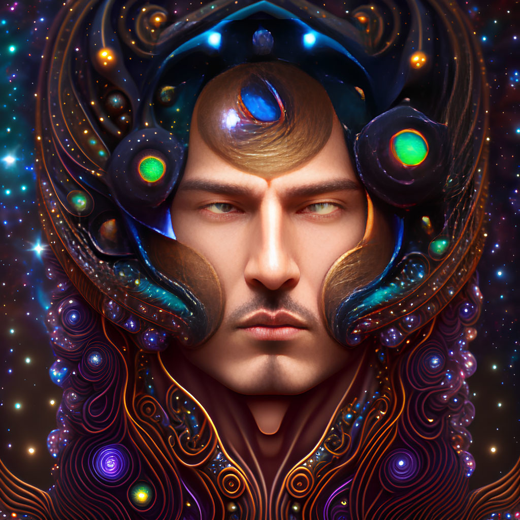 Cosmic-themed digital portrait of a man with mystical headdress