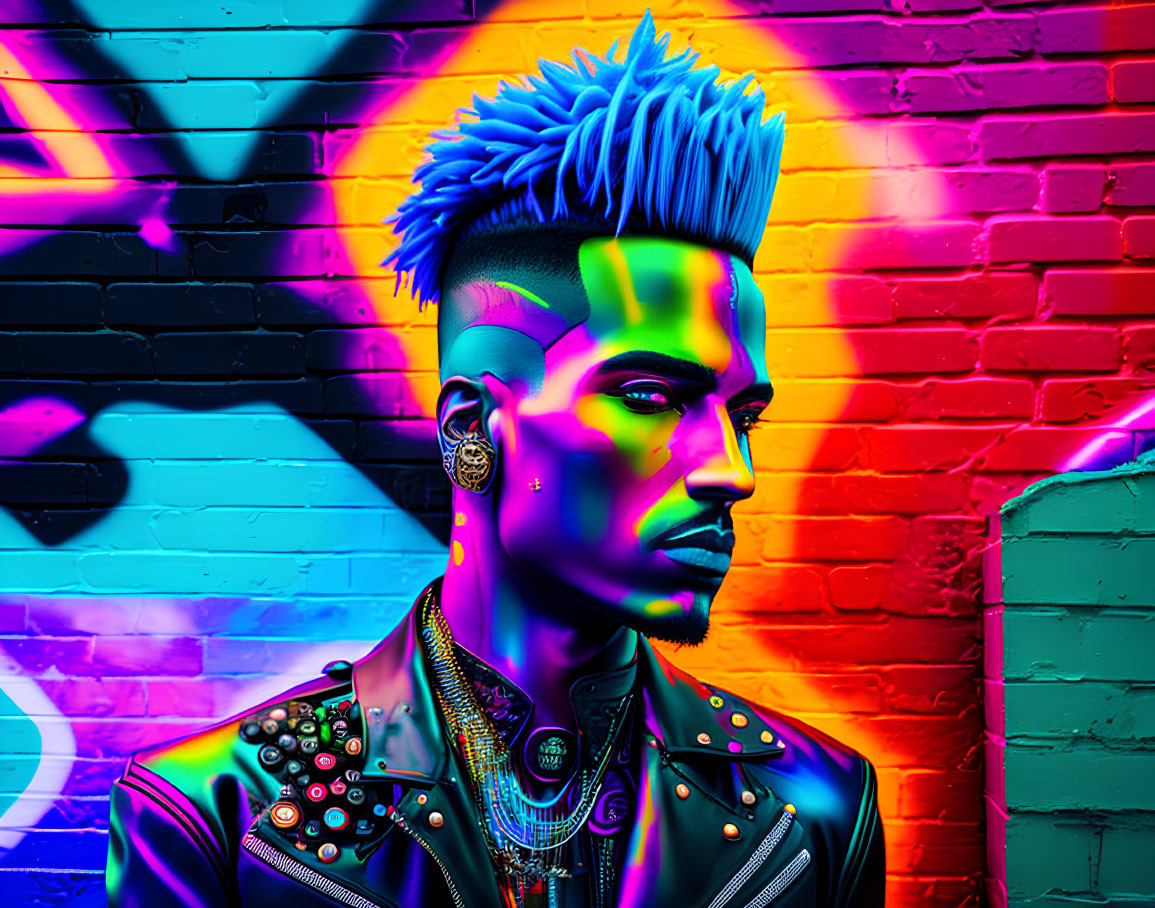 Colorful digital art of man with mohawk against brick wall