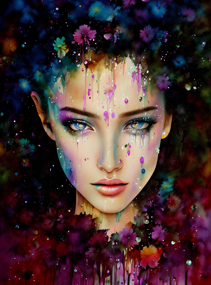 Colorful digital portrait of a woman with floral elements and cosmic backdrop