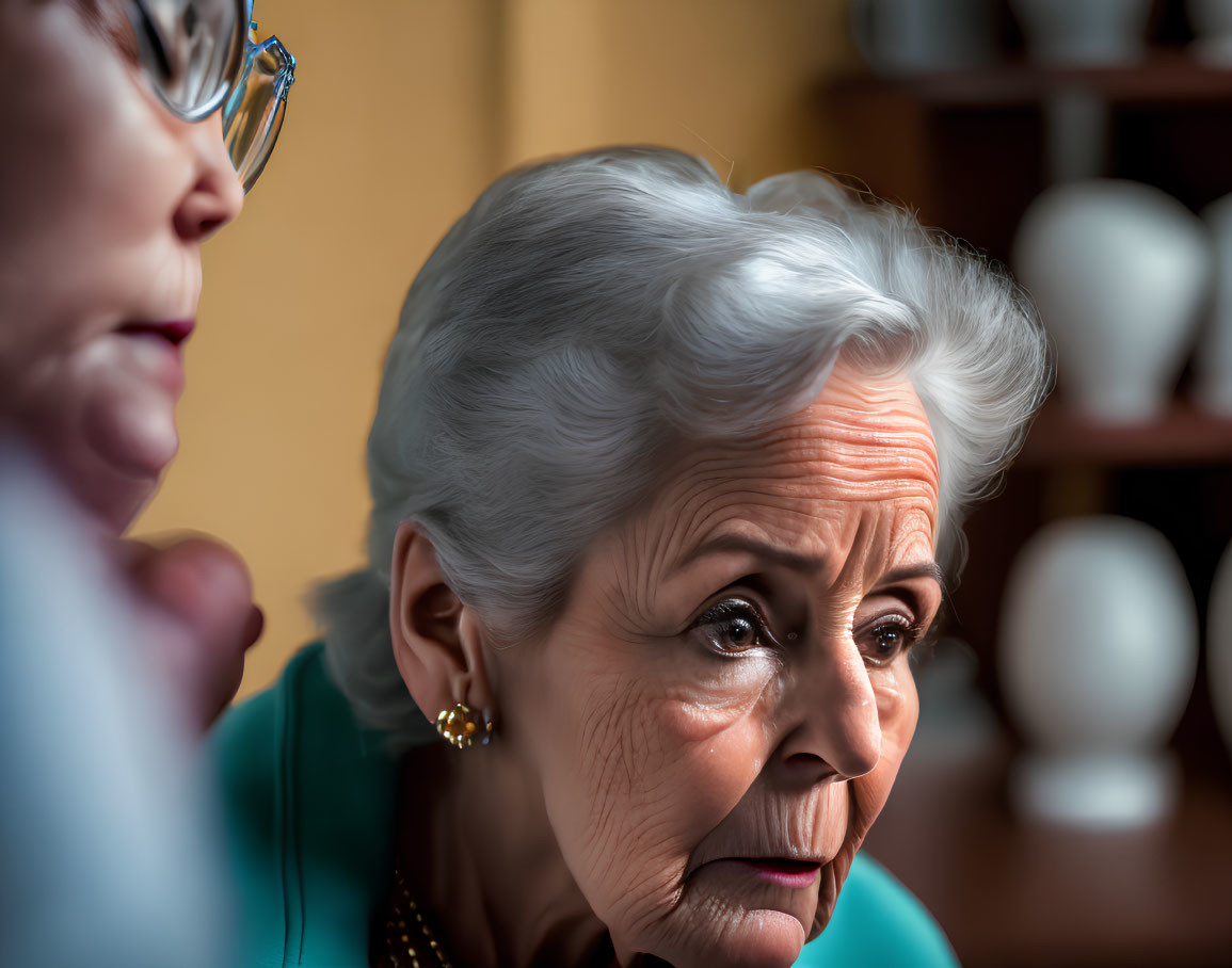 Elderly Woman with White Hair and Glasses Staring, Blurry Figure Nearby