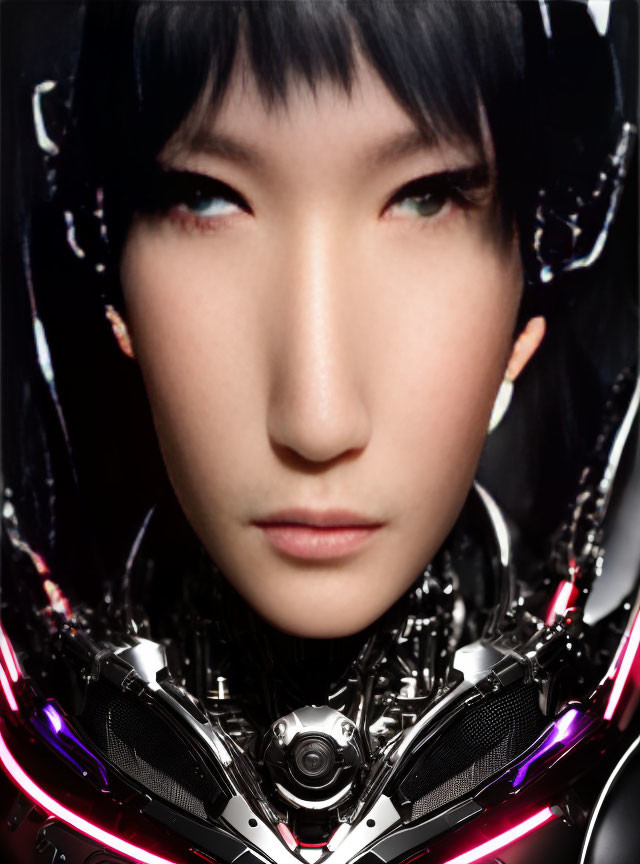 Woman with futuristic black helmet and mechanical suit, intense gaze, fair skin, black hair.