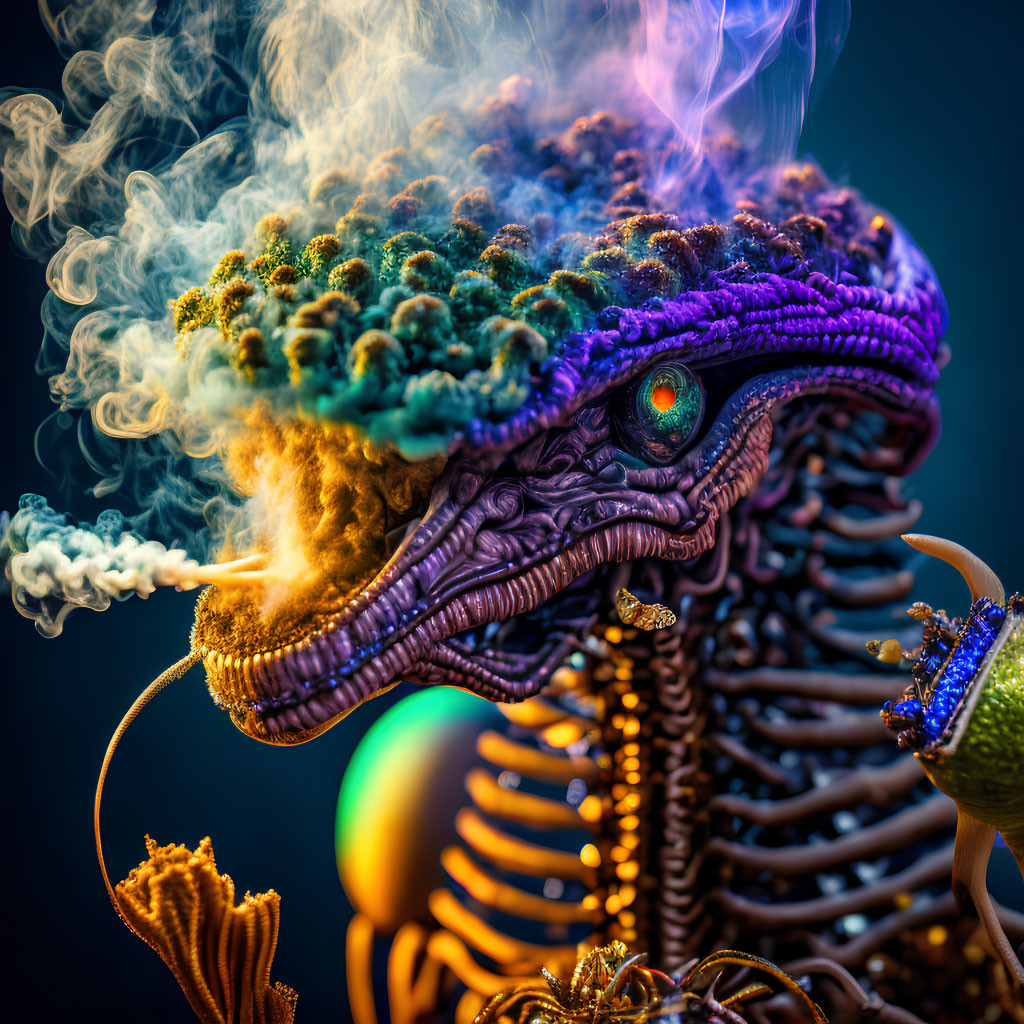 Detailed dragon exhaling smoke on dark background