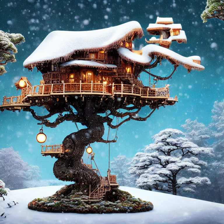 Illuminated multi-level treehouse in snow-covered landscape