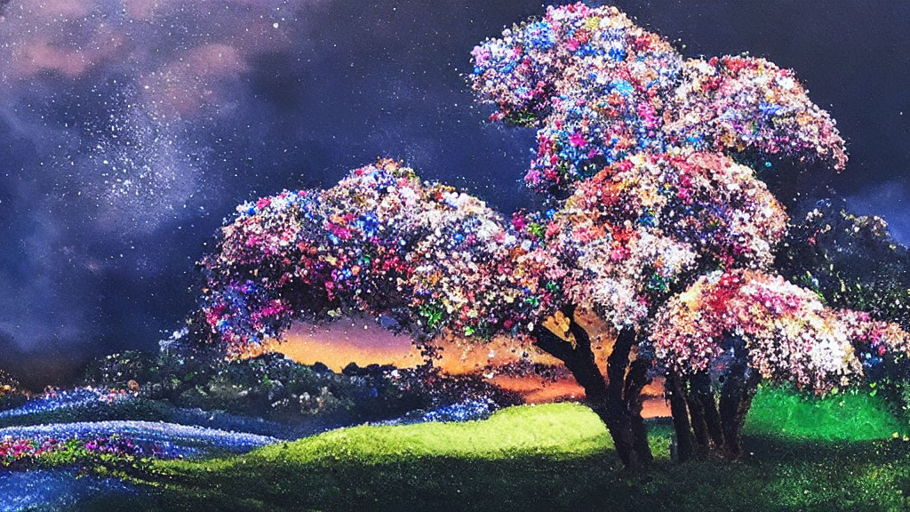 Colorful Starry Night Artwork with Blossoming Tree & Cosmic Sky