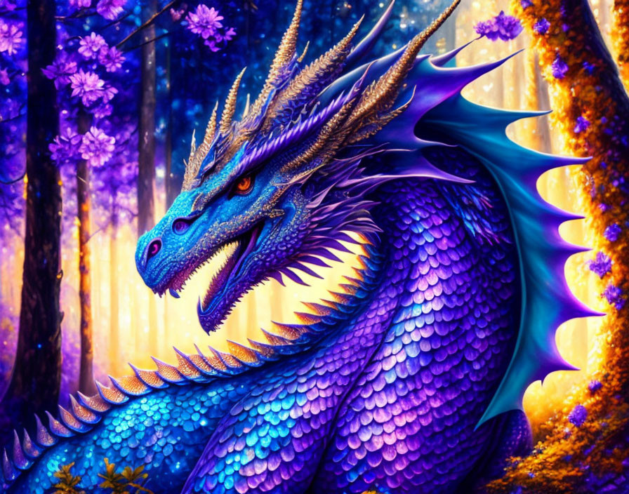 Blue Dragon with Golden Eyes in Mystical Forest Scene