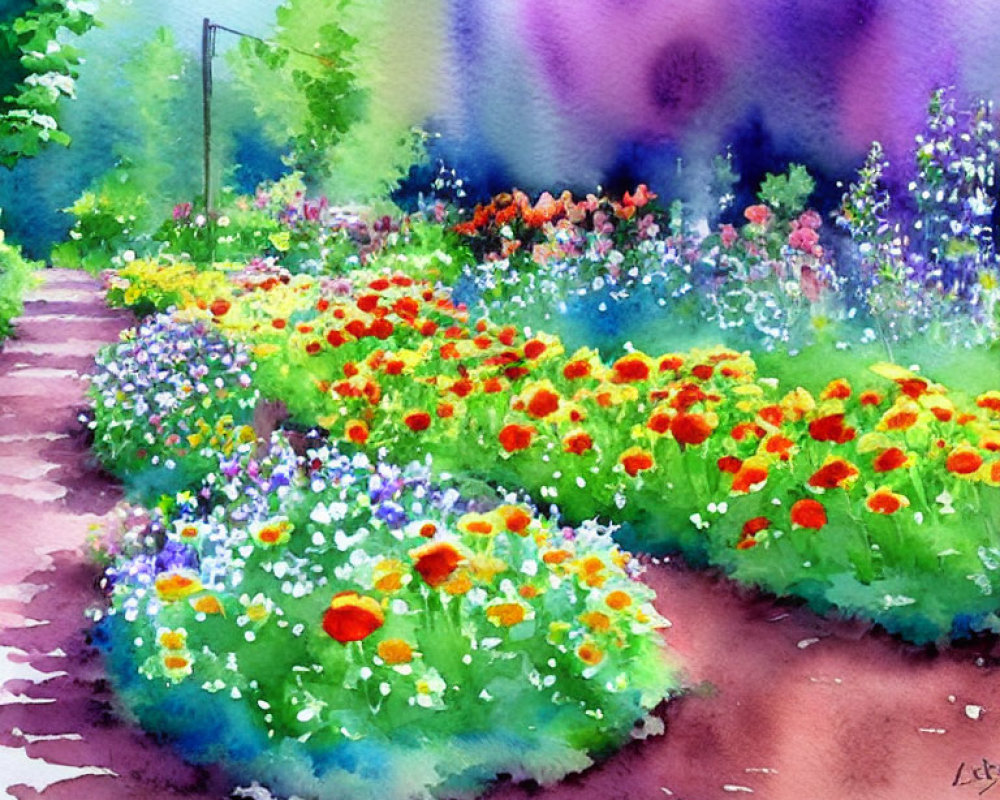 Colorful watercolor painting of lush garden with flowers and greenery.