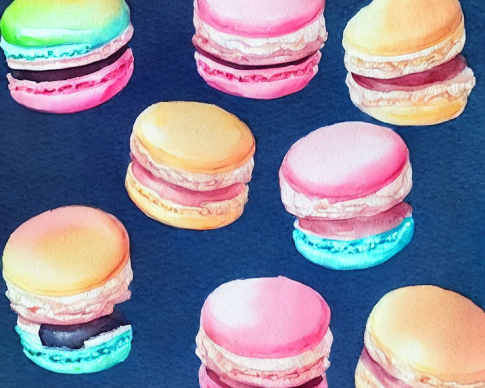 Colorful Macarons Watercolor Painting on Blue Background