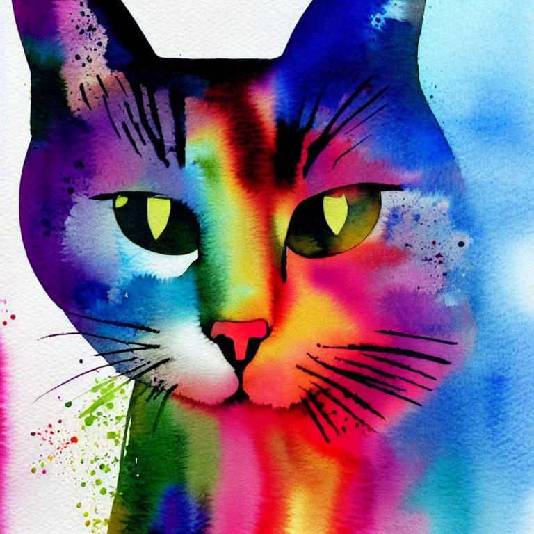 Colorful Watercolor Painting of a Cat's Face