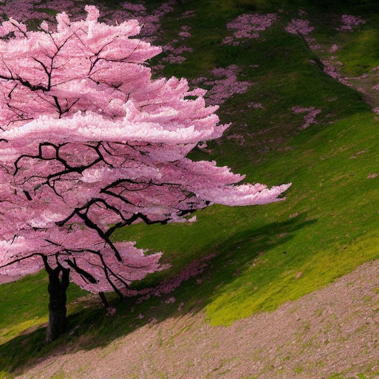 Blooming pink cherry blossom tree on green grassy slope