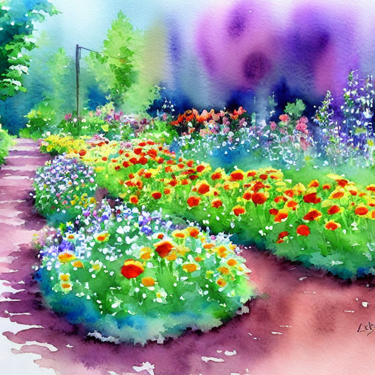 Colorful watercolor painting of lush garden with flowers and greenery.