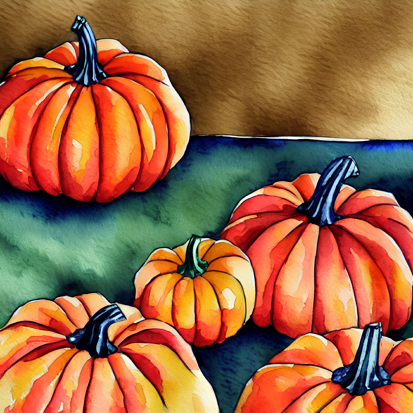 Colorful Watercolor Painting of Assorted Pumpkins on Dual-Toned Background