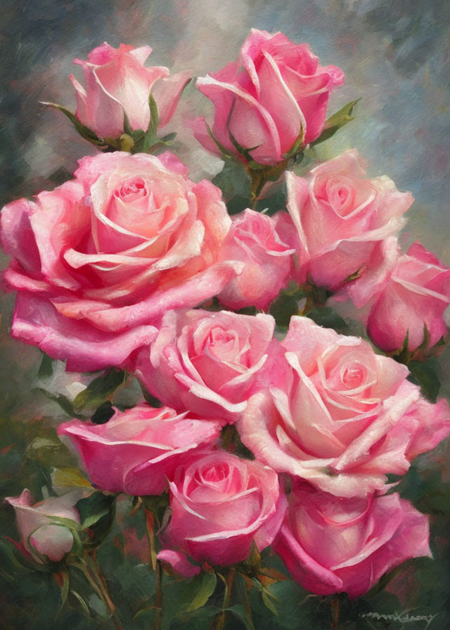 Pink Roses Bouquet Painting on Textured Grey Background