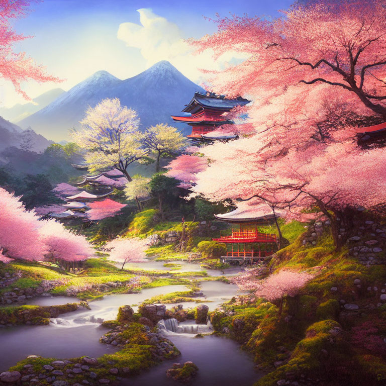 Cherry Blossoms in Full Bloom by Stream with Red Shrine and Misty Mountains