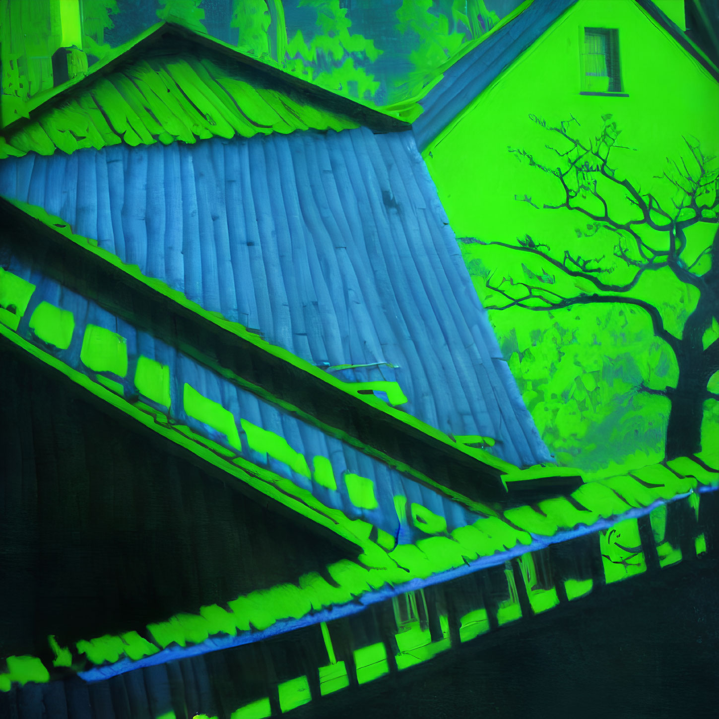 Eerie neon green lighting on traditional house with blue roof and barren tree.