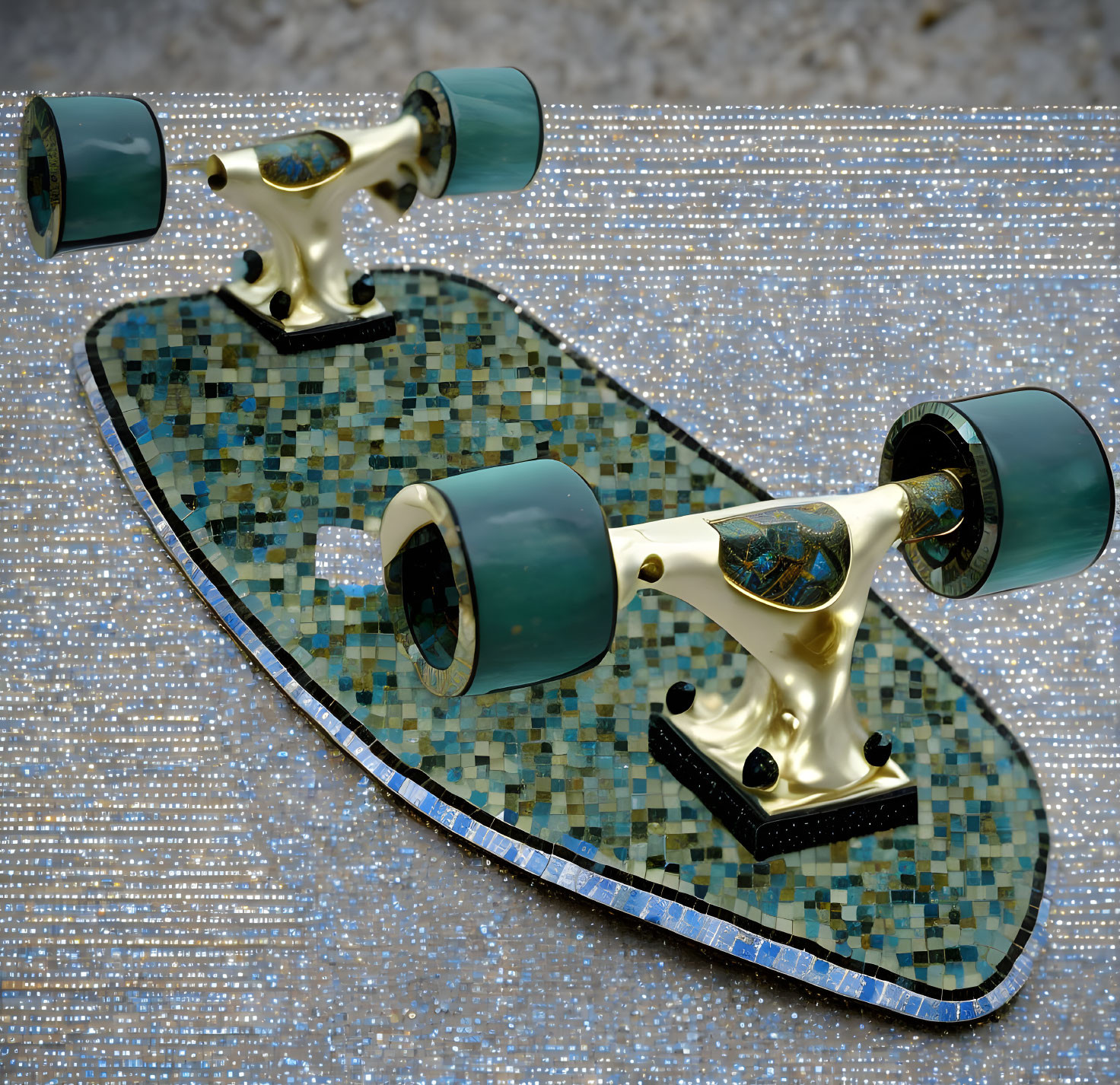 Blue Mosaic Design Skateboard with Gold Trucks on Sparkling Bokeh Surface