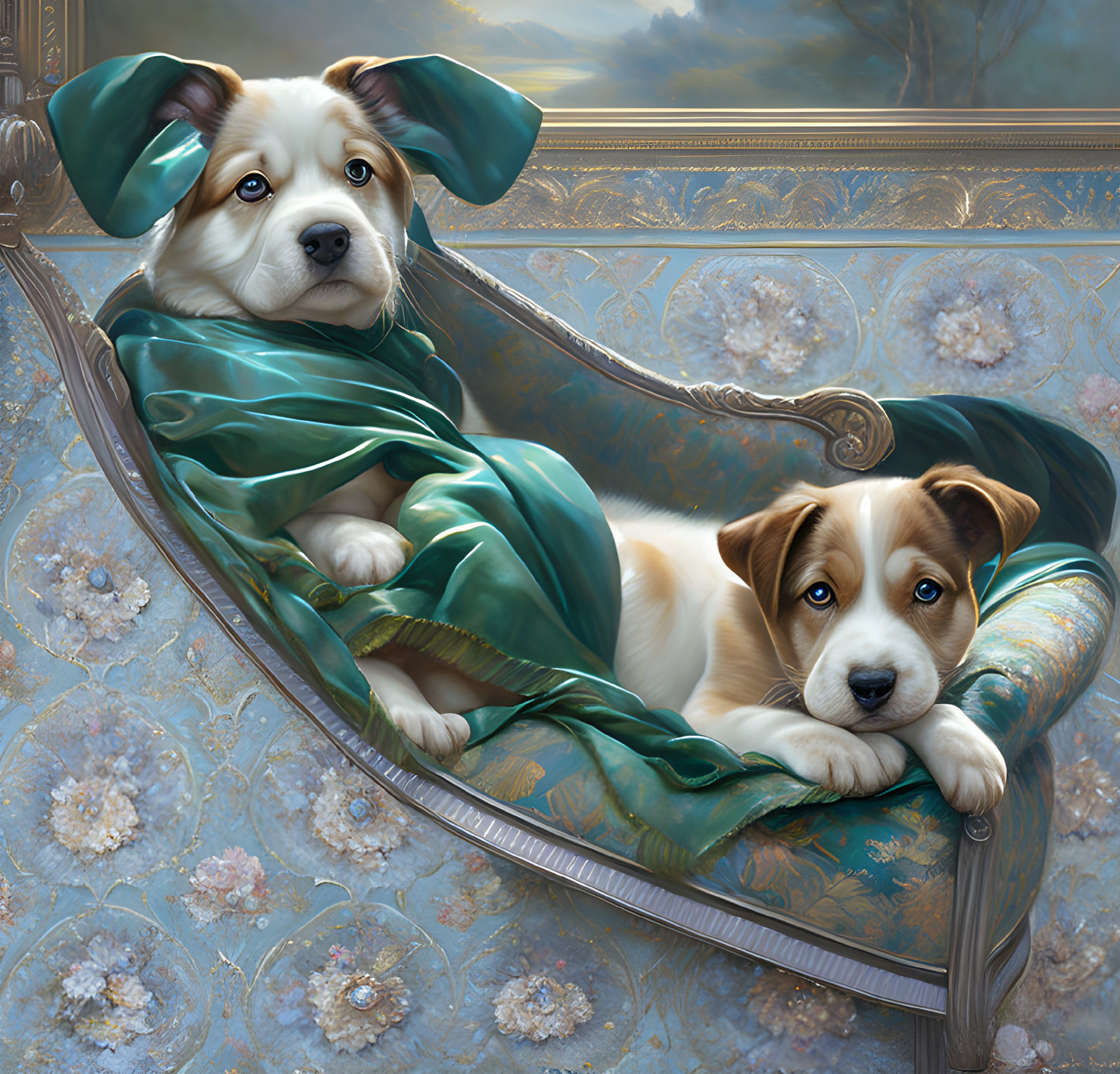 Adorable puppies lounging on green silk cloth on ornate chaise