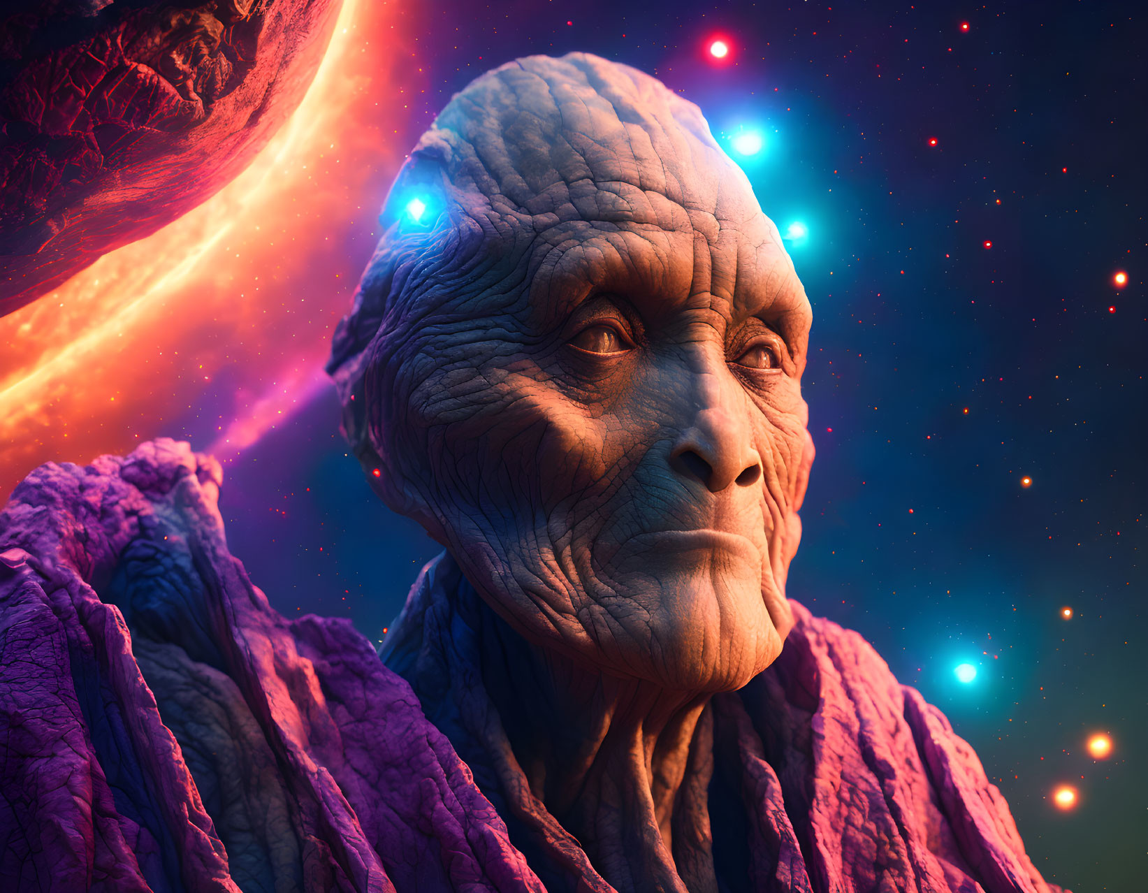 Detailed digital portrait: Elderly alien with cosmic backdrop