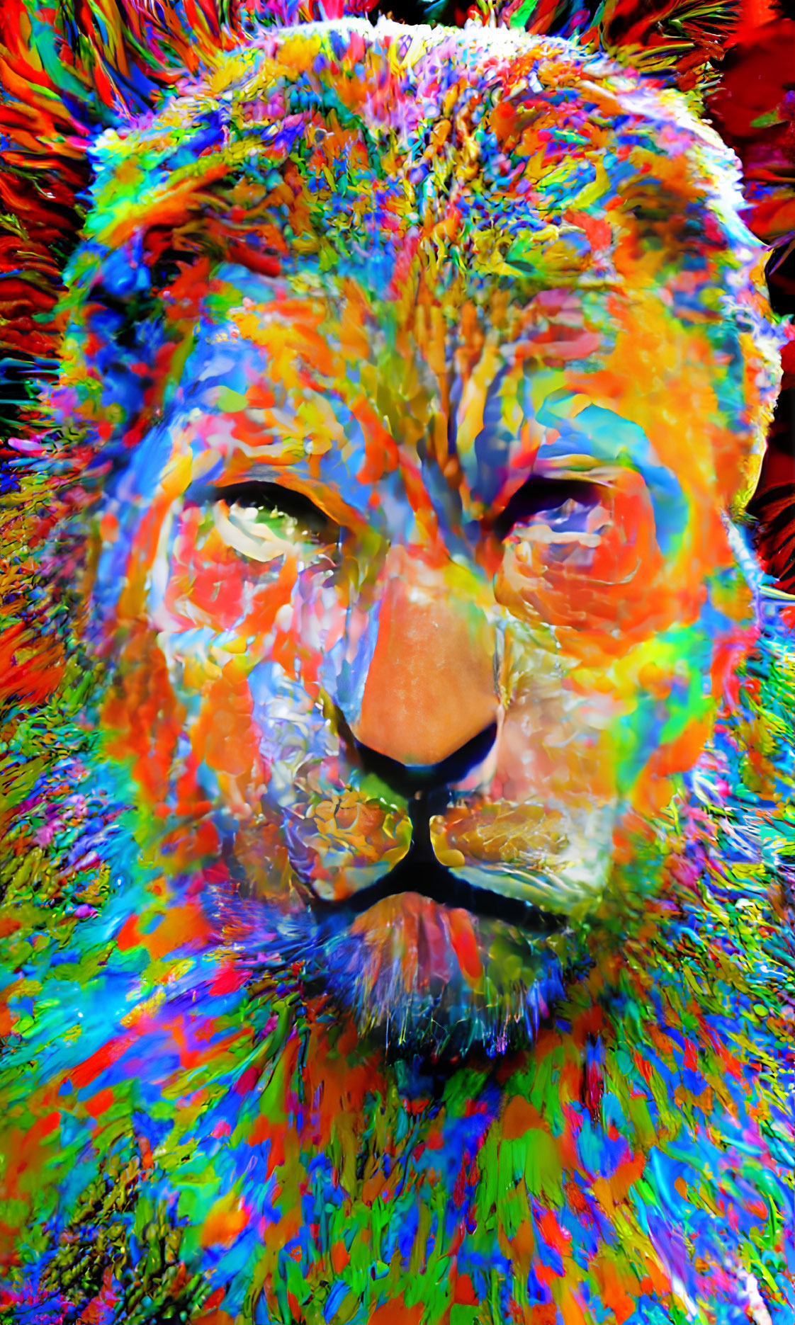 Colorful Abstract Art Lion with Intense Hues on Face