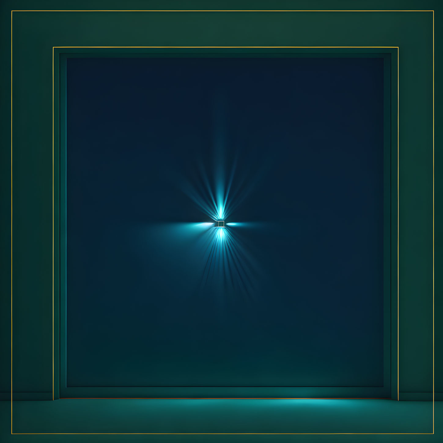 Bright light radiates from dark teal square portal with glowing outline