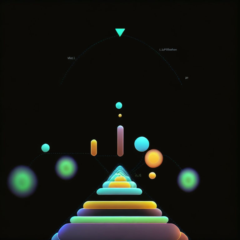 Neon pyramid and geometric shapes on black background